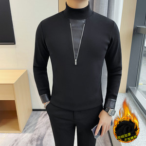 7932-P68 加绒长袖T恤男士冬季新款拉链装饰纯色打底衫图片