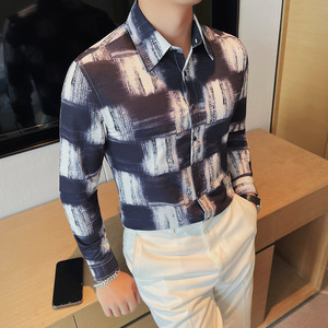 7998-P65 男士长袖衬衫秋季格子修身潮流休闲帅气衬衣图片