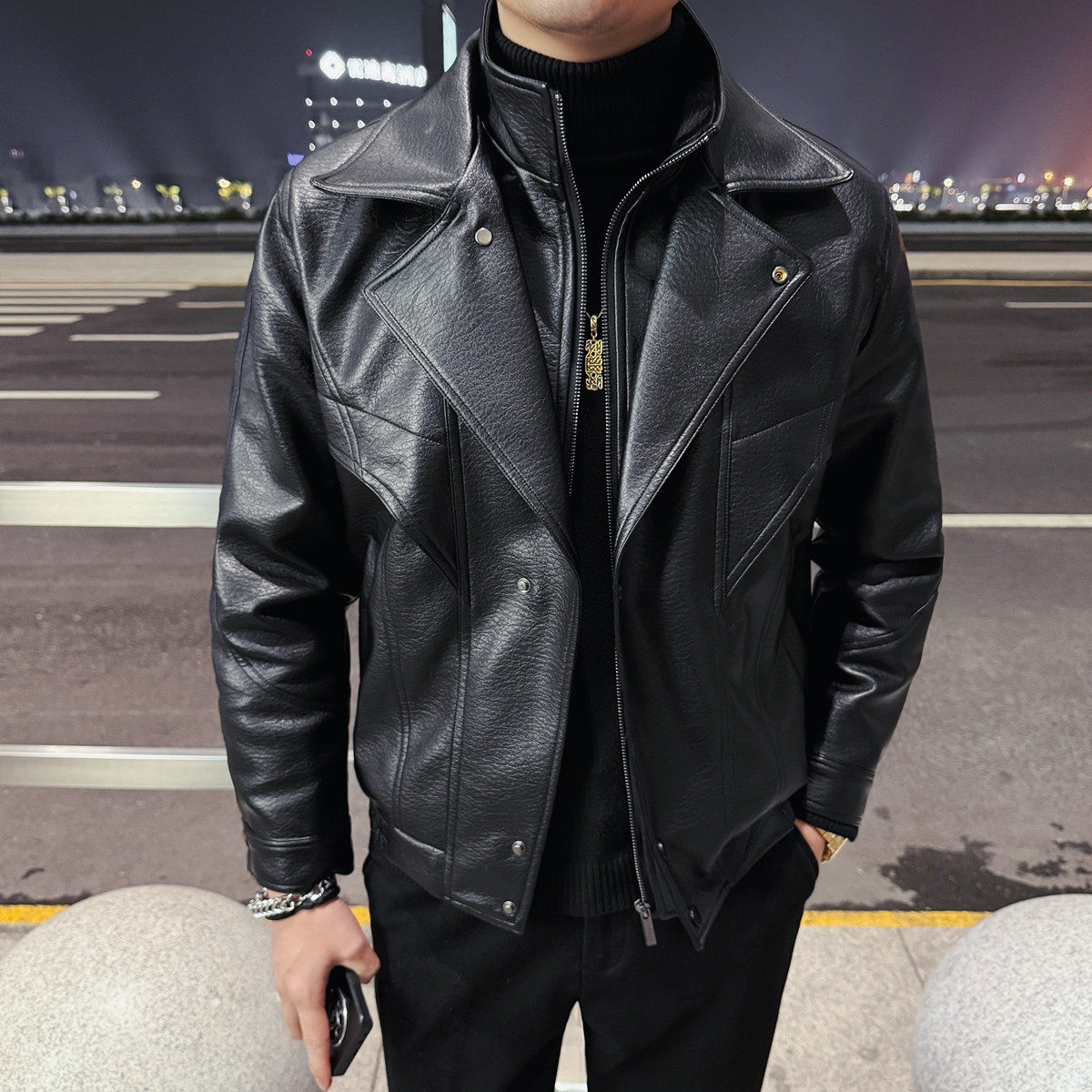 JK6208-148黑色翻领机车皮衣男短款真皮夹克假两件外套高级感,男装夹克,电商B333