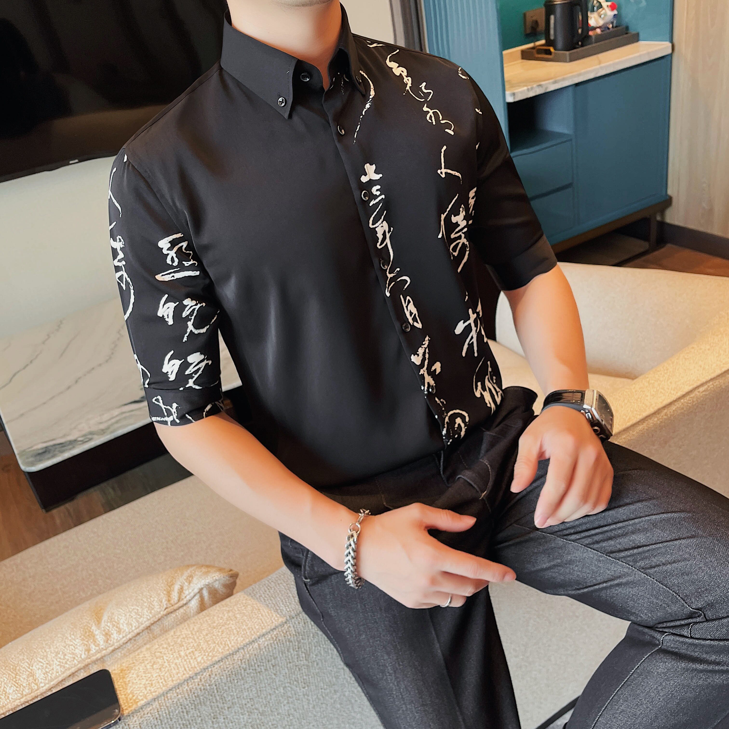 C7131-P6898中袖衬衫男士夏季新款风印花黑白衬衣五分袖,男装T恤,电商B333