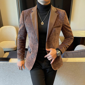 23661-P155 拼皮西装外套男士秋冬新款修身休闲潮流男士西服外套图片