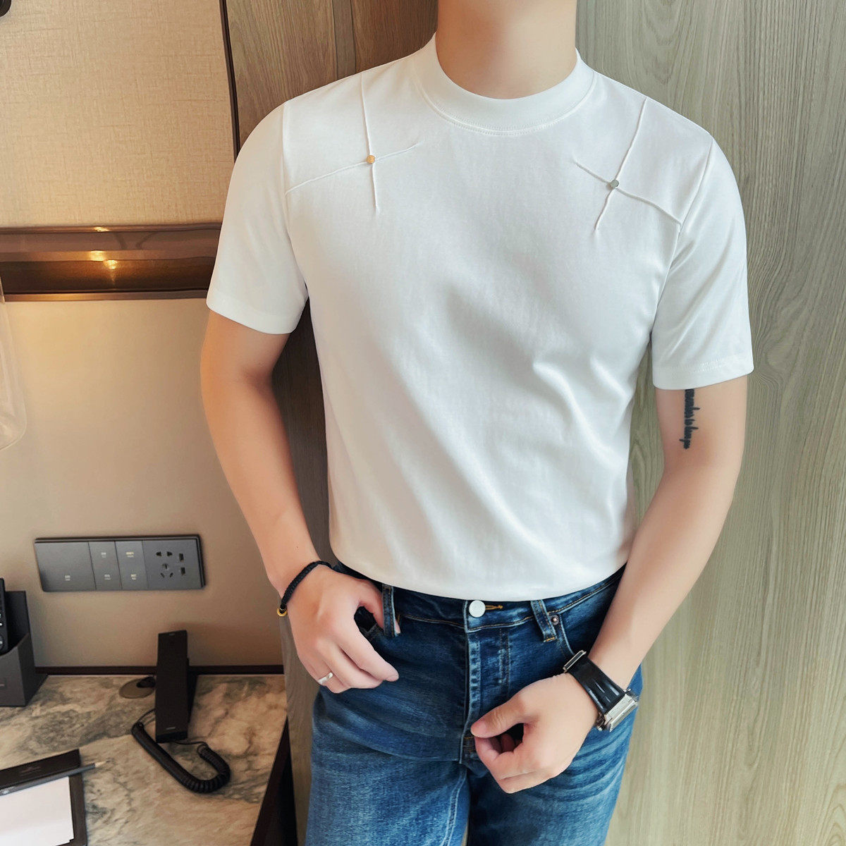 7508-P48铆钉短袖T恤男士夏季新款圆领高品质体恤,男装T恤,电商B333