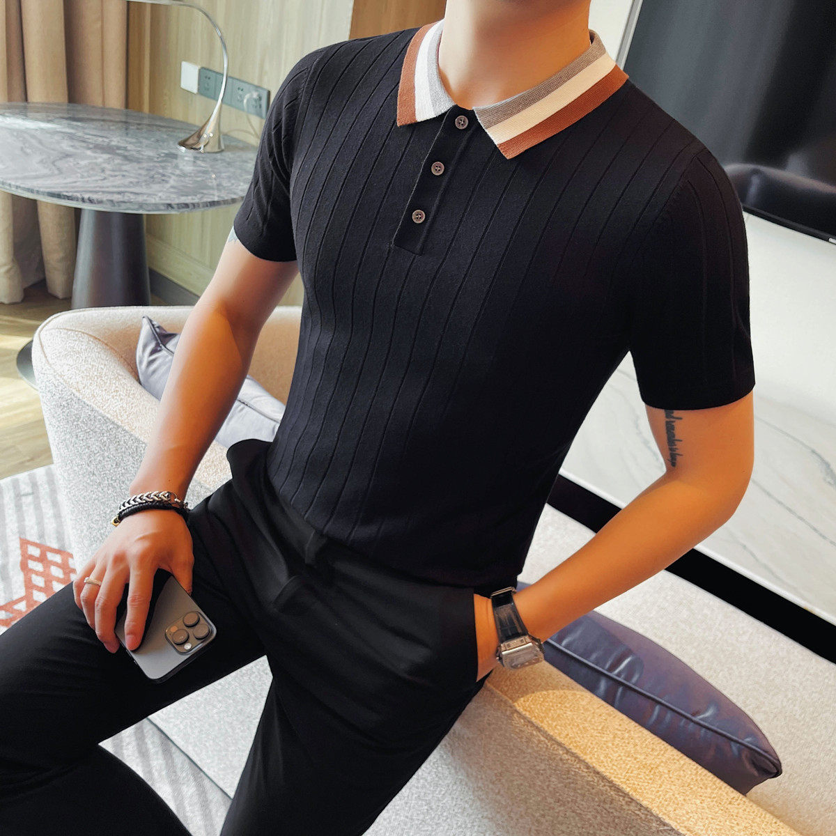 1260-P58 针织冰丝男士短袖夏季新款时尚百搭休闲圆领短袖T恤图片