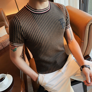 2204-P68圆领针织T恤男士春季短袖休闲套头千鸟格体恤图片