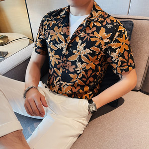 C3016-P78 印花短袖衬衫男士夏季潮流休闲半袖修身衬衣 绿色图片