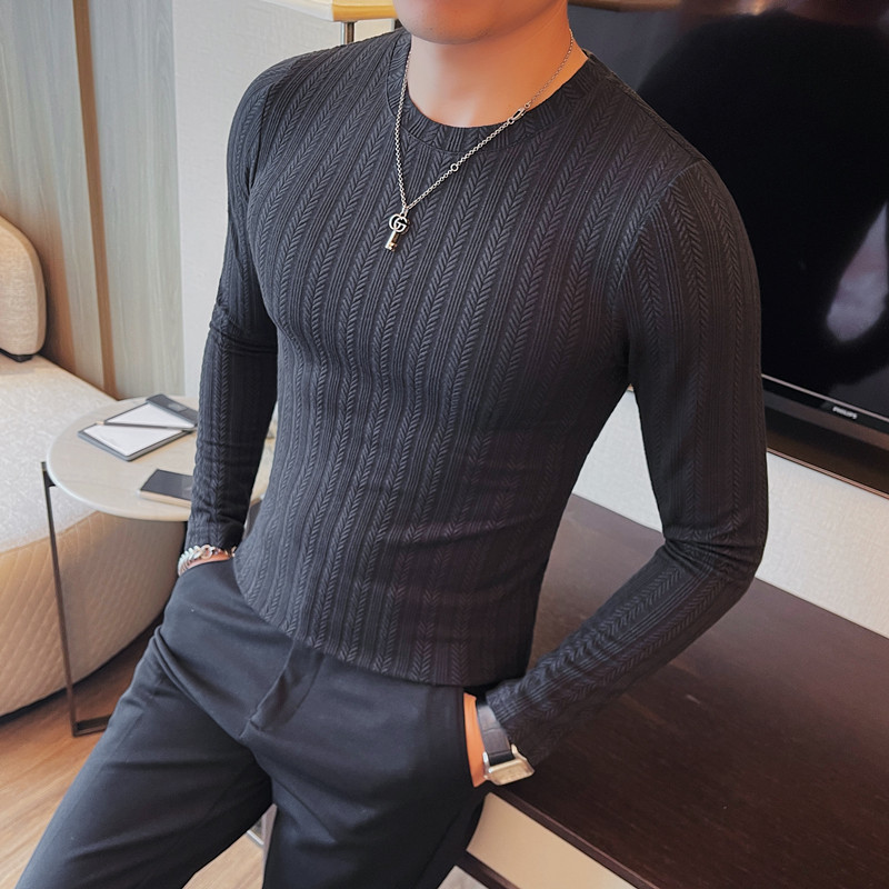 T6805-特P35秋季男士长袖t恤潮流纯色圆领紧身体恤弹力,男装T恤,电商B333