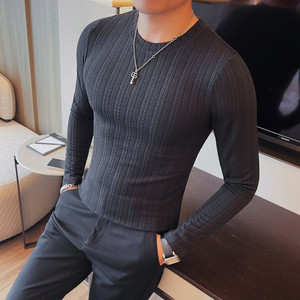 T6805-特P35 秋季男士长袖t恤潮流纯色圆领紧身体恤弹力图片