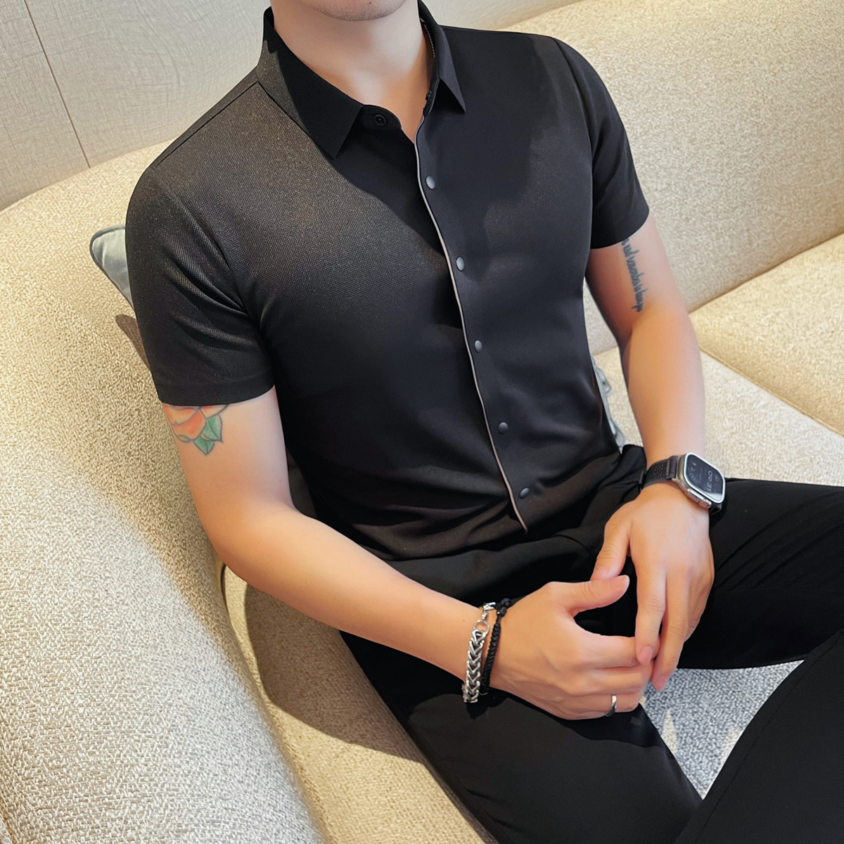 MJ1005-P58冰丝华夫格短袖开衫POLO衫男士夏季新款商务休闲修身,男装T恤,电商B333