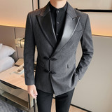 XF1038-P175厚西装外套男士西服礼服修身休闲皮领拼接单排扣，男装西服套装，电商B333