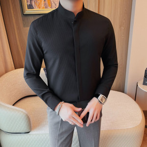 5115-P65 立领衬衫男士暗扣长袖衬衣 春季新款韩版修身衬衫图片
