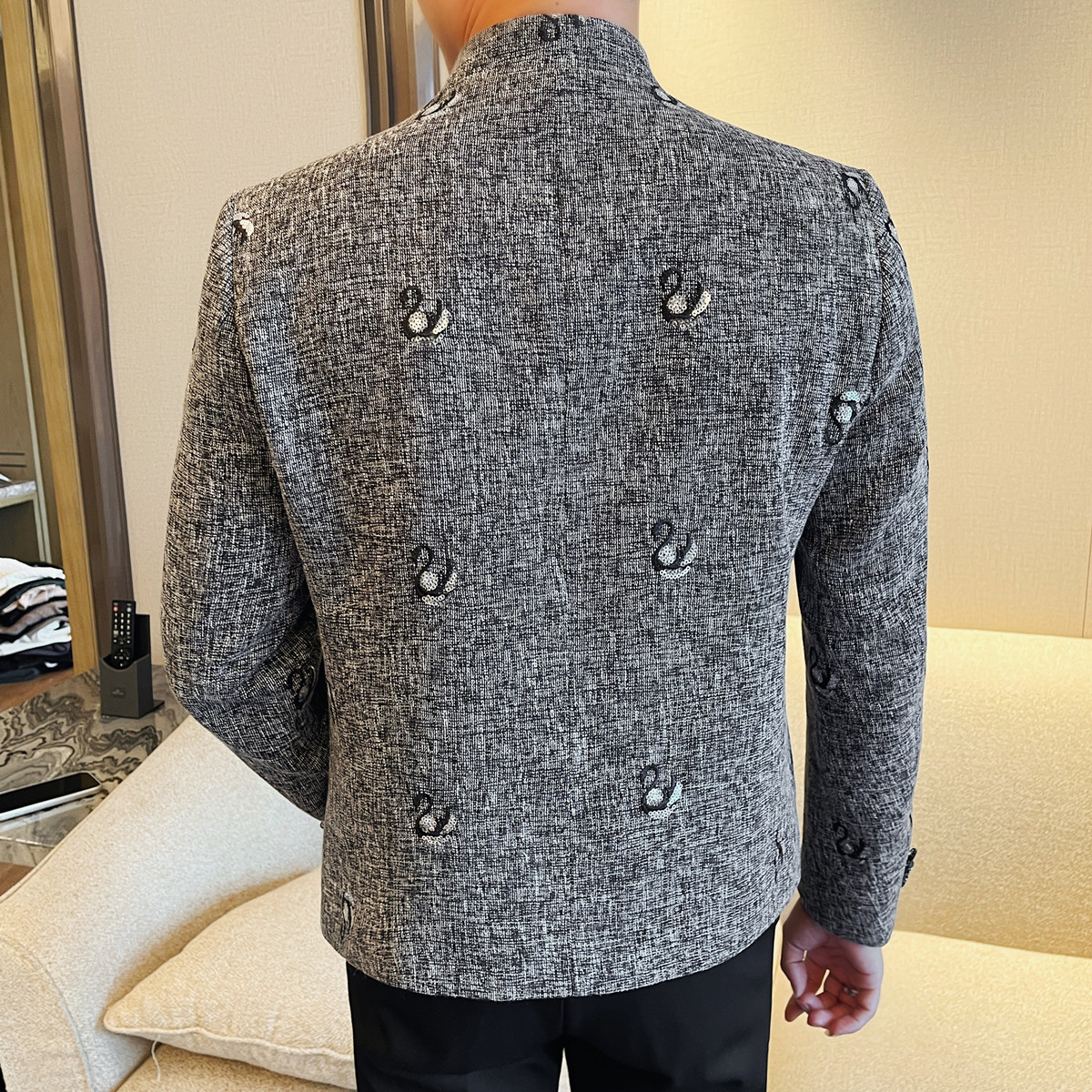 X705-P155小香风刺绣立领西装男士休闲西服外套修身百搭时尚西装,男装西服,电商B333