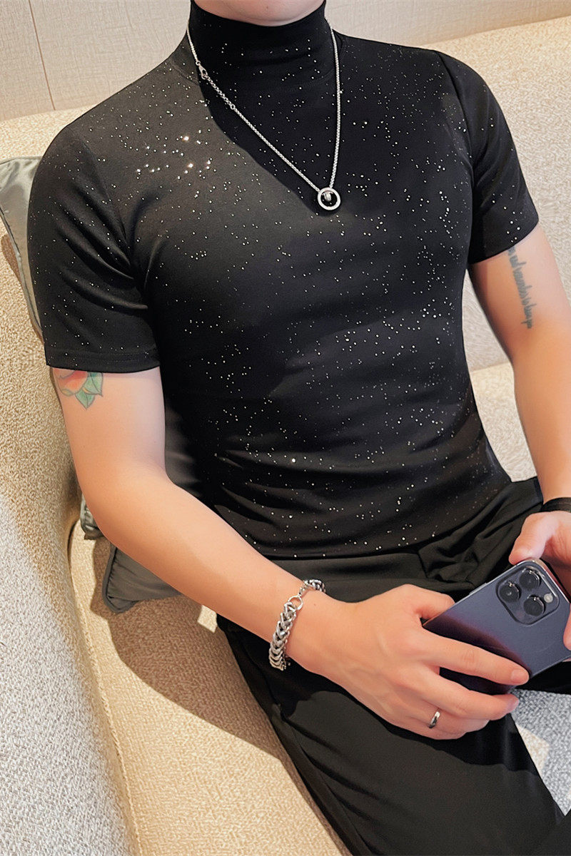 5993-特P40满天星撒粉体恤男士半高领短袖打底衫修身T恤,男装T恤,电商B333