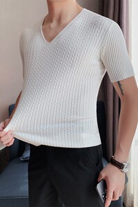 老款继续做VT01-特P40英伦型男韩版修身V领休闲T恤纯色短袖针织图片