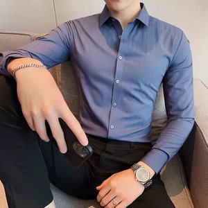 老款继续做8602 P75男士百搭长袖纯色条纹无痕衬衣弹力大修身衬衫图片