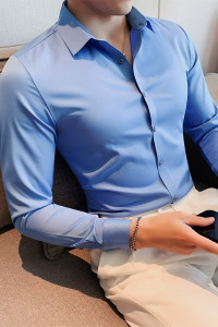 老款一直做8603 P65男士百搭长袖纯色无痕衬衣弹力大型男修身衬衫图片