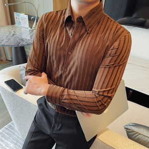 S6518-P68男士长袖衬衫新款尖领条纹修身弹力免烫衬衣