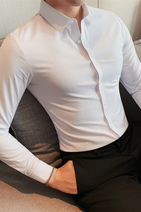 8602—P75男士百搭长袖纯色条纹无痕衬衣弹力大英伦型男修身衬衫1图片