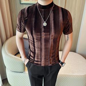 T2613-P38 绒布条纹短袖体恤男士春夏新款弹力修身小中领半袖T恤图片