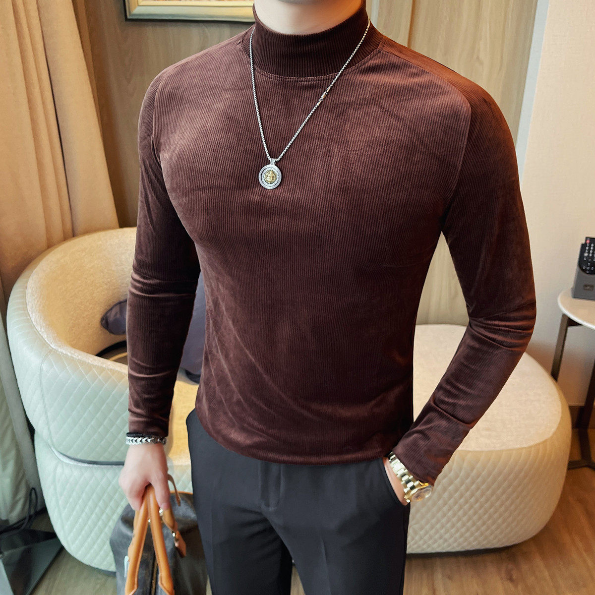 T7577-P53 细坑条绒布男士半高领长袖T恤秋冬新款修身纯色打底衫图片