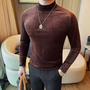 T7577-P53 细坑条绒布男士半高领长袖T恤秋冬新款修身纯色打底衫图片