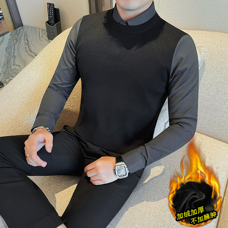 JR1320-P95加绒假两件毛衣男士衬衫领秋冬季新款男装高级针织衫,男装针织衫/毛衣,电商B333