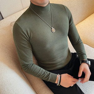 T333-P48 点点印花长袖体恤男士秋冬半高领修身内搭休闲打底衫图片