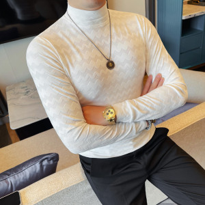 2632-P38半高领长袖体恤男士秋冬新款修身波浪纹中领打底衫,男士夏季西裤搭配什么鞋子好看图片