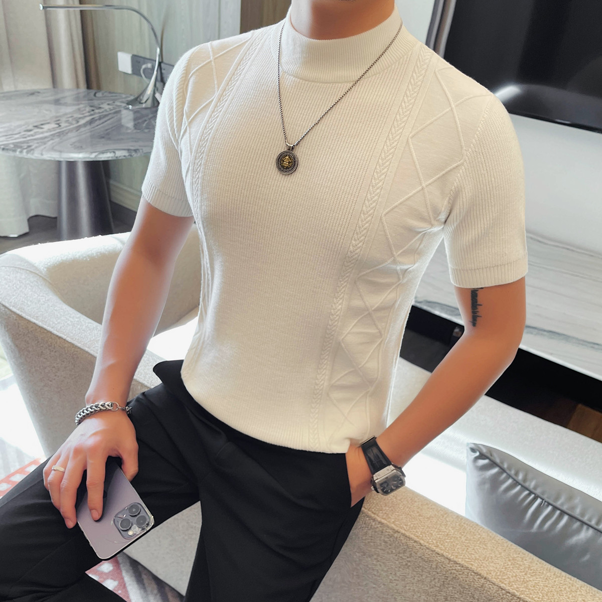 8536-P58针织短袖体恤男士春夏新款潮流时尚小中领打底衫,男装针织衫/毛衣,电商B333