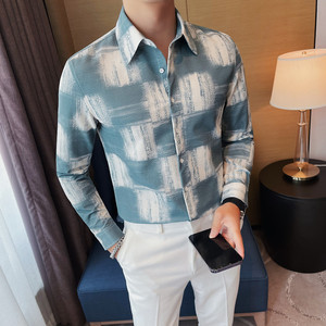 7998-P65 男士长袖衬衫秋季格子修身潮流休闲帅气衬衣图片