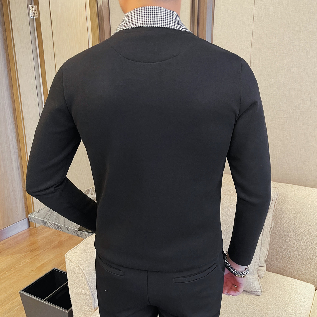 T7588-P88男士半高领长袖假两件T恤新款修身弹力打底衫上衣,男装T恤,电商B333