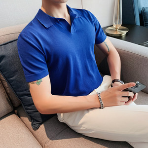 0388-P53夏季型男休闲短袖针织纯色POLO衫英伦修身翻领彩蓝色T恤图片
