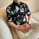 8213-P53印花衬衫男士夏季新款中袖衬衣立领五分袖衬衫，男装衬衫，电商B333