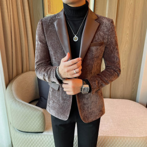 23661-P155 拼皮西装外套男士秋冬新款修身休闲潮流男士西服外套图片