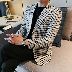 23585-P155 西服外套男士格子小西装长袖上衣潮流时尚休闲单排扣图片