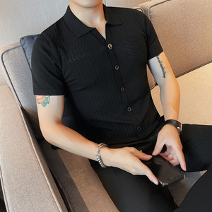1221-P58 男士短袖polo衫夏季翻领针织冰丝修身条纹半袖潮流体恤图片