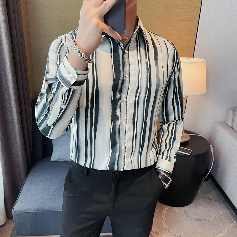 7896-P65男士长袖衬衫秋季条纹修身潮流休闲帅气衬衣,男装衬衫,电商B333