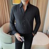 7171-P65暗皱条纹长袖衬衫男士秋冬新款商务休闲时尚衬衣，男装衬衫，电商B333