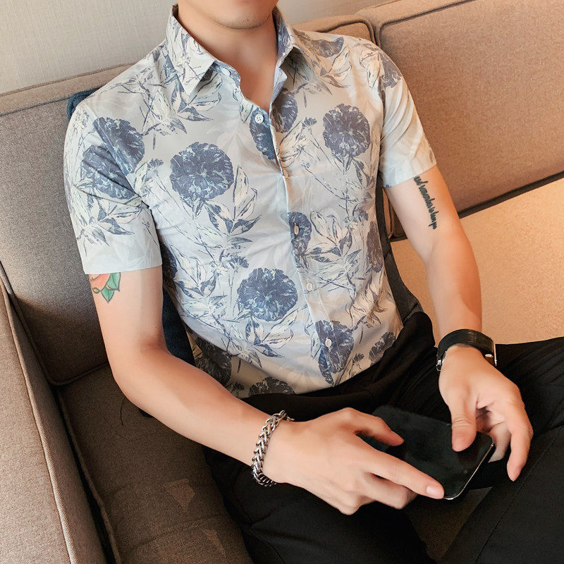 7885-P58短袖衬衫男士夏季潮流休闲帅气个性半袖修身衬衣,男装T恤,电商B333