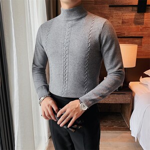8507-P75长袖毛衣男士秋冬半高领提花套头针织衫休闲纯色中领线衫图片