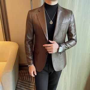 23658-P155皮西装男士秋冬新款纯色休闲西服外套皮夹克单排扣