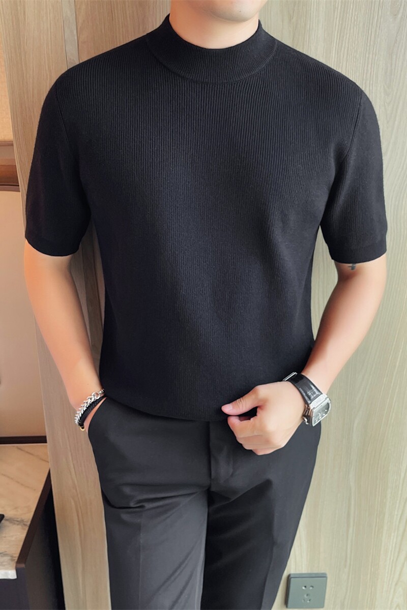 8546-P58粗针厚款短袖毛衣男士小中领纯色百搭针织衫中袖,男装针织衫/毛衣,电商B333
