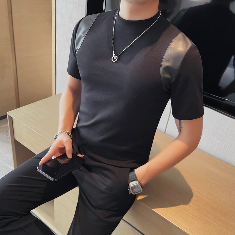 T2409-P48 小中领短袖体恤男士修身贴布半袖打底衫图片