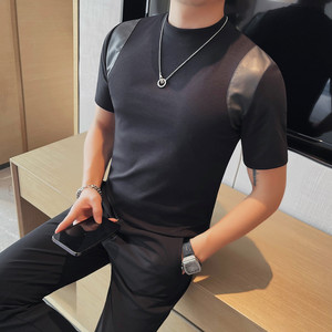 T2409-P48 小中领短袖体恤男士修身贴布半袖打底衫图片
