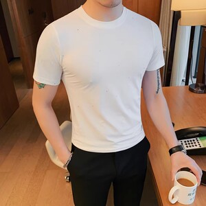 5882-P40 圆领短袖t恤男士夏季撒粉冰丝修身半袖男装打底体恤凉感图片