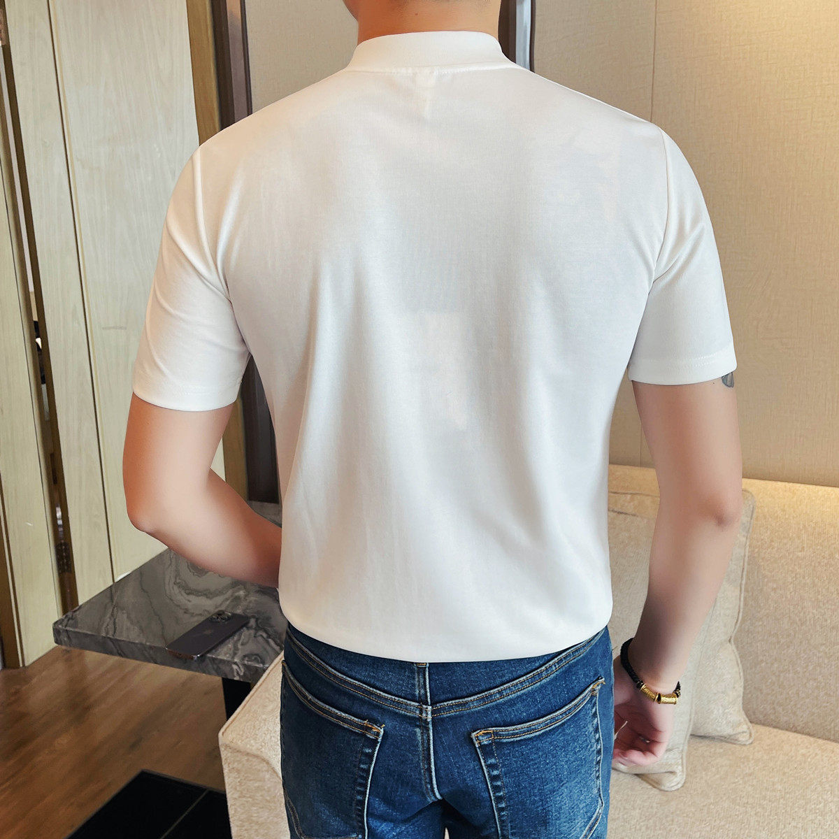 7507-P58拉链立领短袖POLO衫男士夏季新款修身半袖纯色体恤,男装Polo衫,电商B333