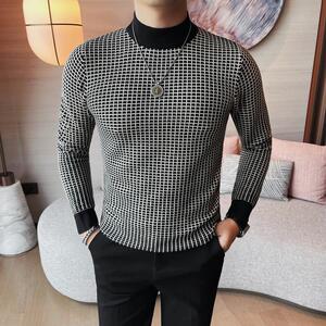 8530-P68 半高领小格子针织衫毛衣男士秋冬新款修身中领打底衫图片