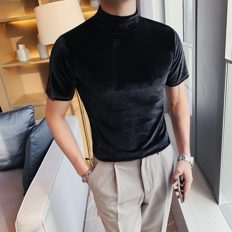 T193-特P40男生纯色时尚半高领绒布T恤韩版修身短袖打底衫紧身潮,男装T恤,电商B333