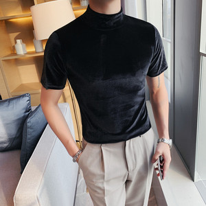 T193-特P40男生纯色时尚半高领绒布T恤韩版修身短袖打底衫紧身潮图片