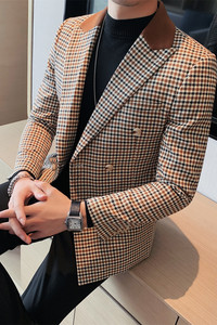 23532-P155 双排扣西装外套男士秋冬新款韩版修身千鸟格西服图片