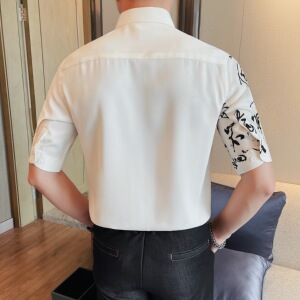 C7131-P68 98 中袖衬衫男士夏季新款 风印花黑白衬衣五分袖图片